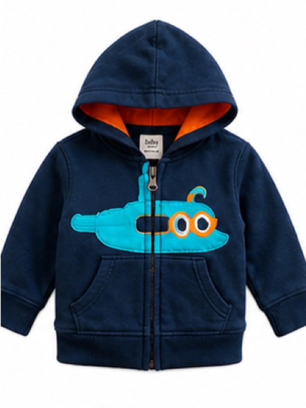Kids Navy Blue Hooded Jacket with Octopus Appliqué